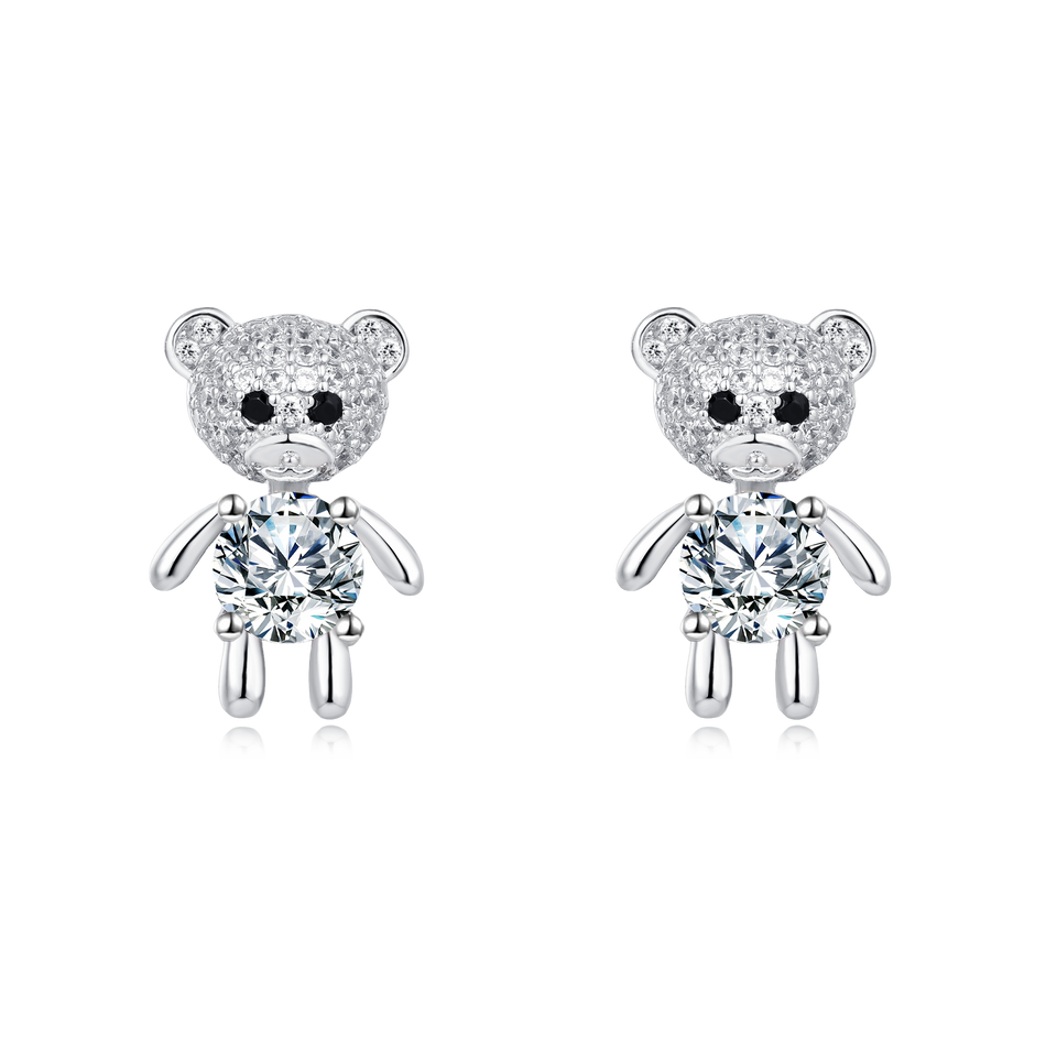925 Sterling Silver Cute Silver Bear Stud Earrings With Moissanite Accents