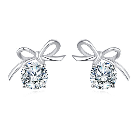 925 Sterling Silver Elegant Silver Bow Earrings With Sparkling Central Stones