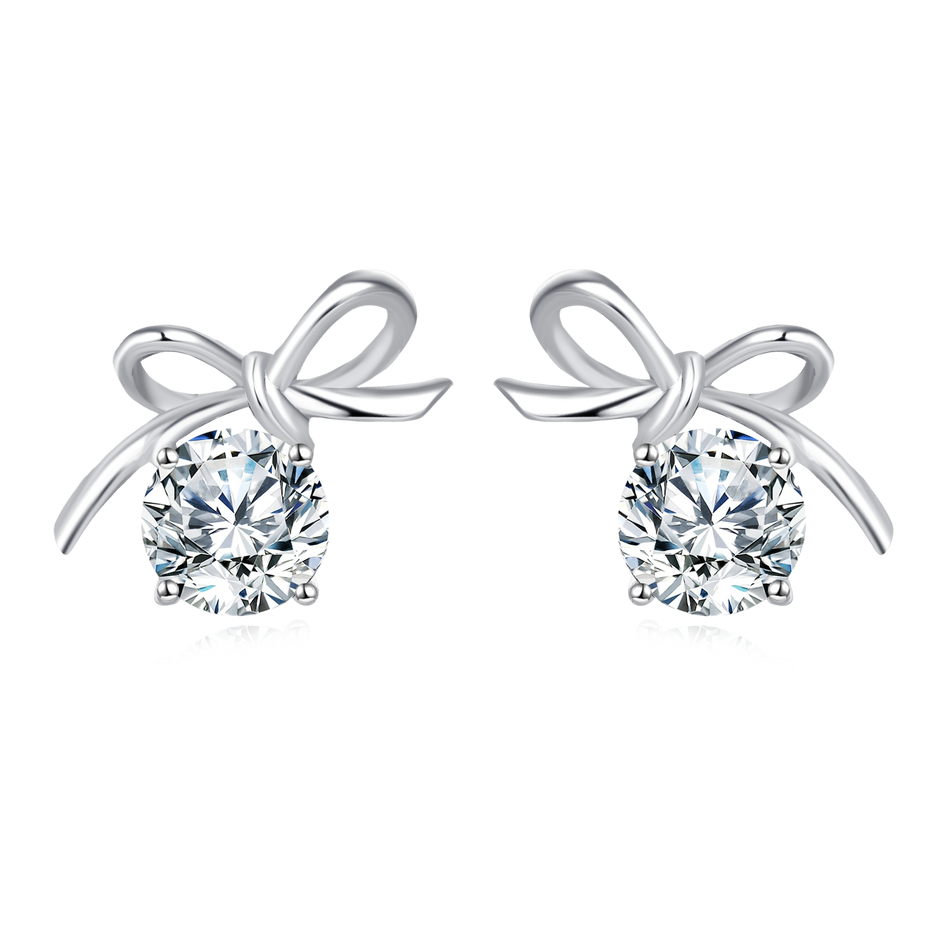 925 Sterling Silver Elegant Silver Bow Earrings With Sparkling Central Stones