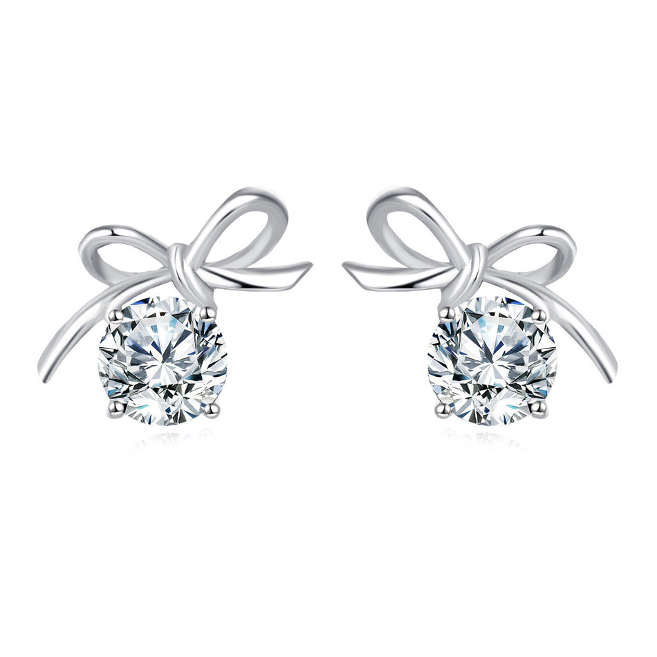 925 Sterling Silver Elegant Silver Bow Earrings With Sparkling Central Stones