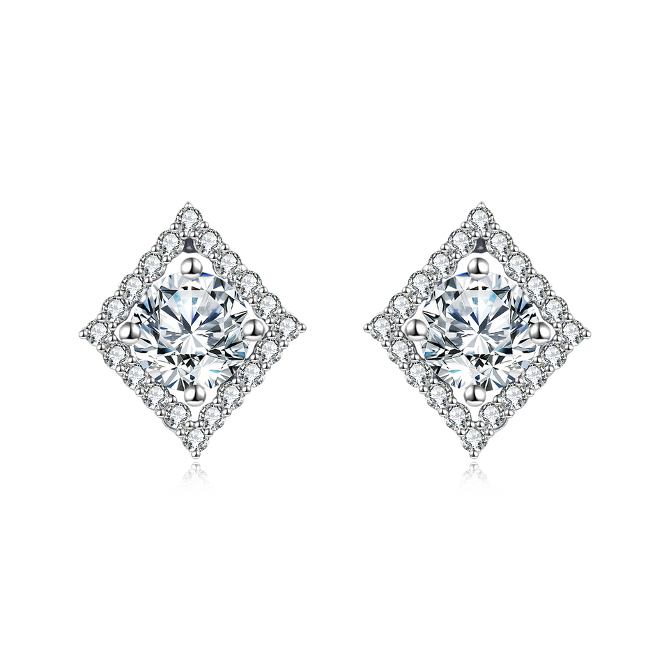 925 Sterling Silver Elegant Square Halo Moissanite Stud Earrings In Plated with White Gold: Timeless Beauty Meets Modern Design