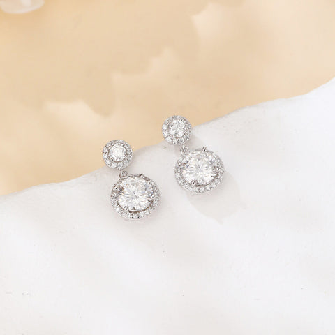925 Sterling Silver Elegant Moissanite Drop Earrings In Silver Halo Setting ¨C Timeless Luxury Jewelry