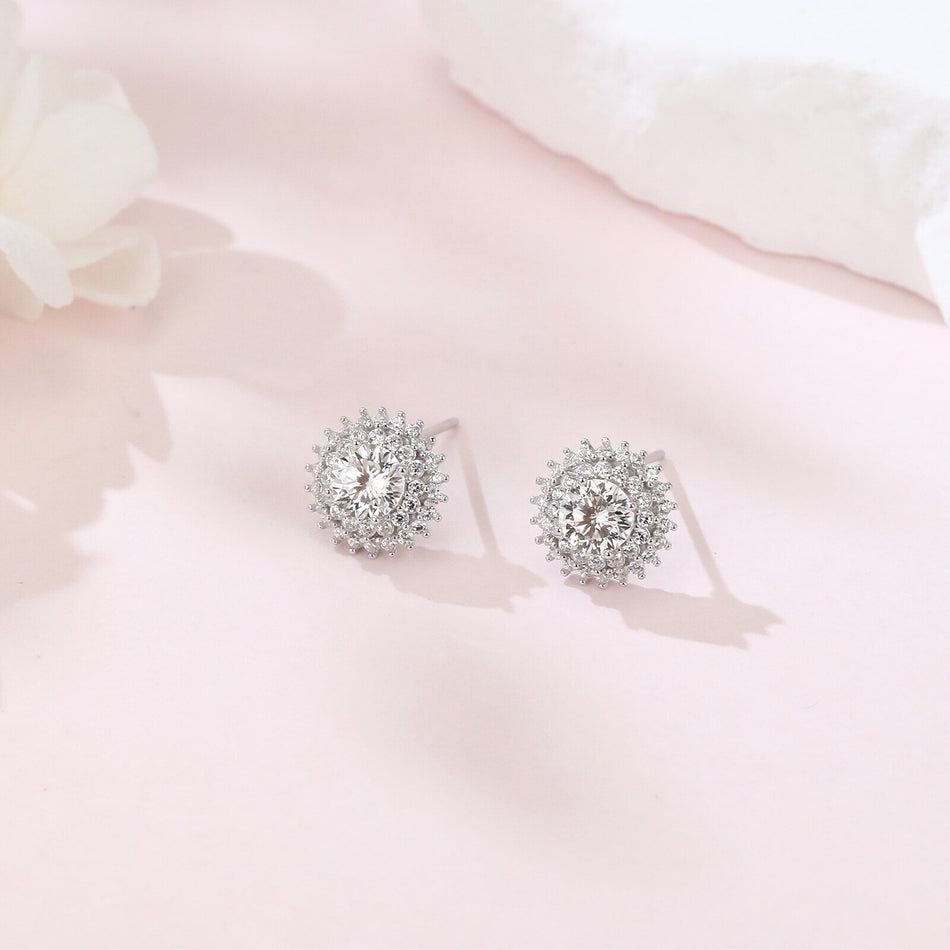 925 Sterling Silver Elegant Silver Floral Stud Earrings With Central Moissanite & Petite Gems