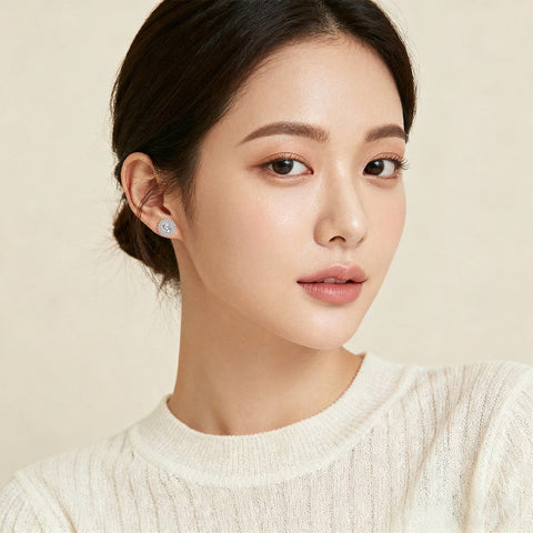 925 Sterling Silver Elegant Silver Floral Stud Earrings With Central Moissanite & Petite Gems