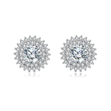 925 Sterling Silver Elegant Silver Floral Stud Earrings With Central Moissanite & Petite Gems