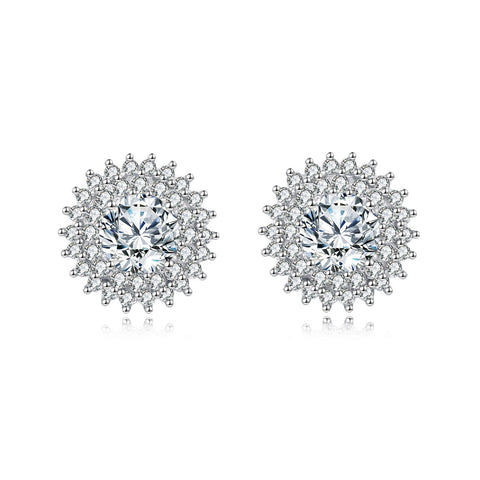 925 Sterling Silver Elegant Silver Floral Stud Earrings With Central Moissanite & Petite Gems