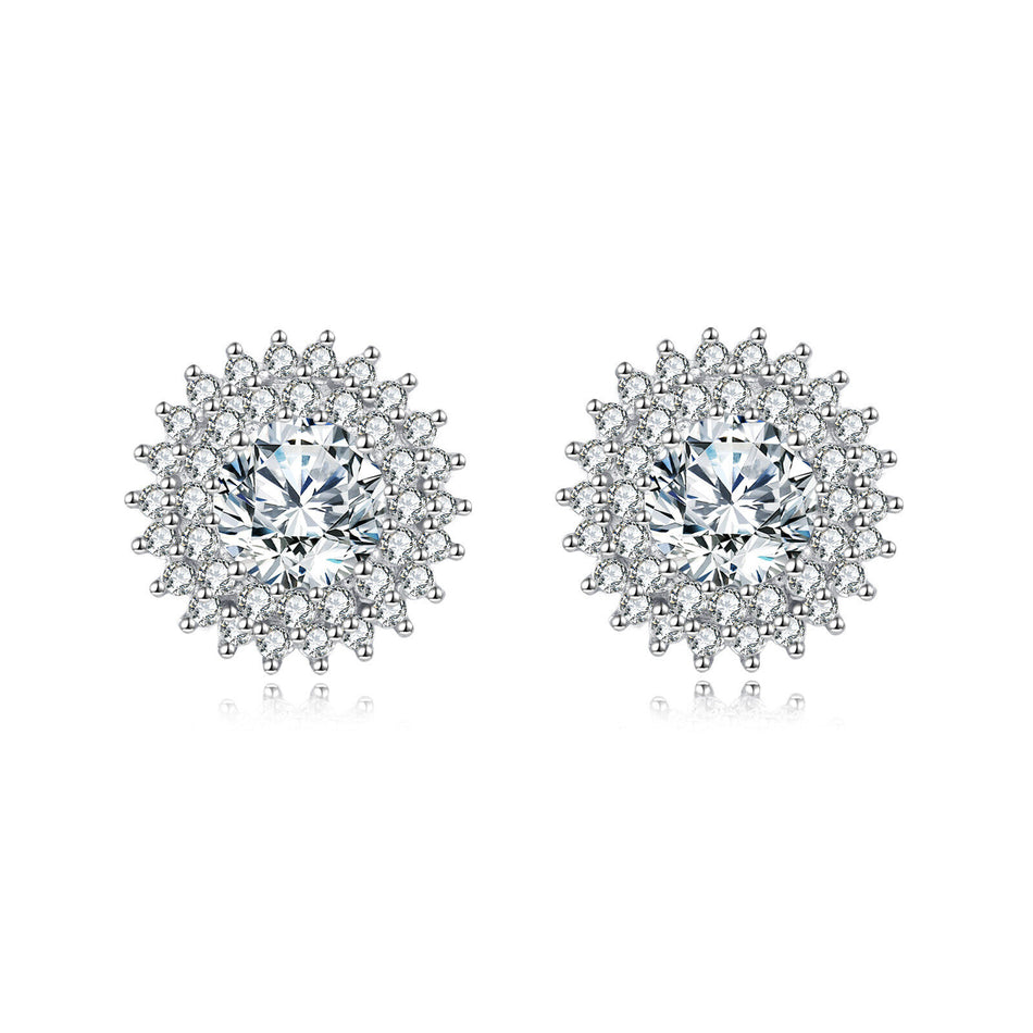 925 Sterling Silver Elegant Silver Floral Stud Earrings With Central Moissanite & Petite Gems