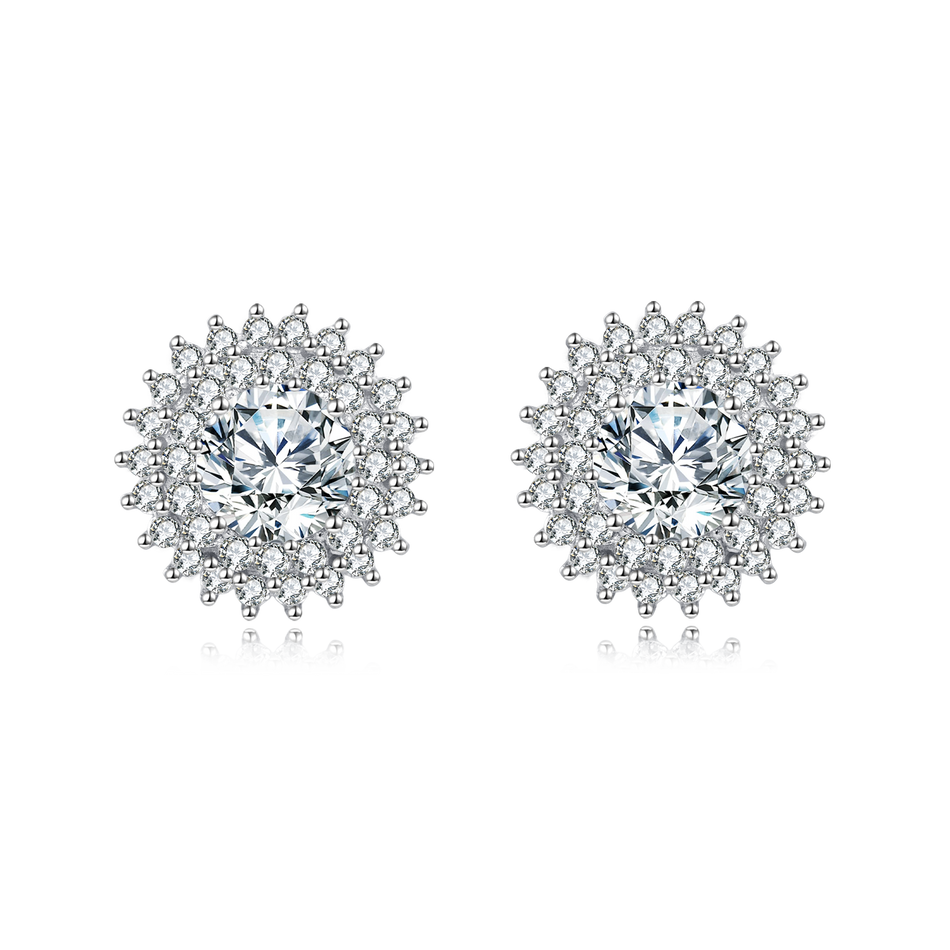 925 Sterling Silver Elegant Silver Floral Stud Earrings With Central Moissanite & Petite Gems