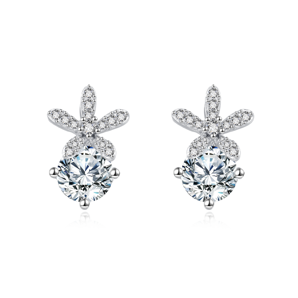 925 Sterling Silver Elegant Moissanite-studded Floral Stud Earrings In Silver Setting