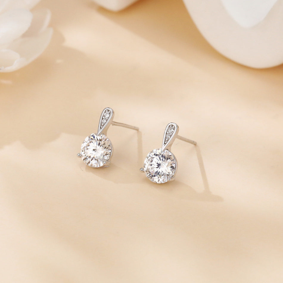 925 Sterling Silver Elegant Plated with White Gold Moissanite Stud Earrings With Floral Accent