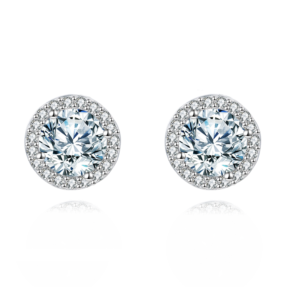 925 Sterling Silver Elegant Moissanite Halo Stud Earrings On Black Wood With Teal Background