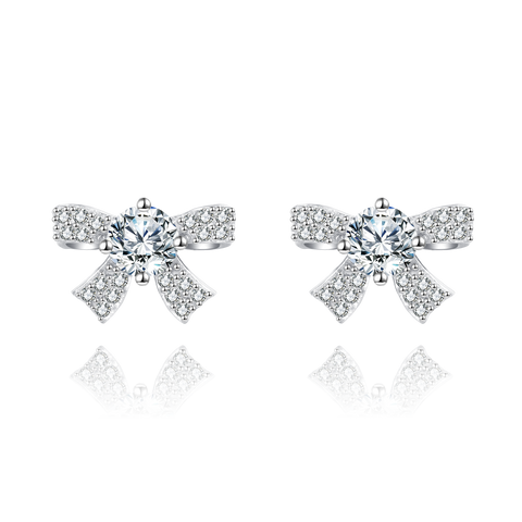 925 Sterling Silver Elegant Moissanite Bow Stud Earrings In Plated with White Gold Setting