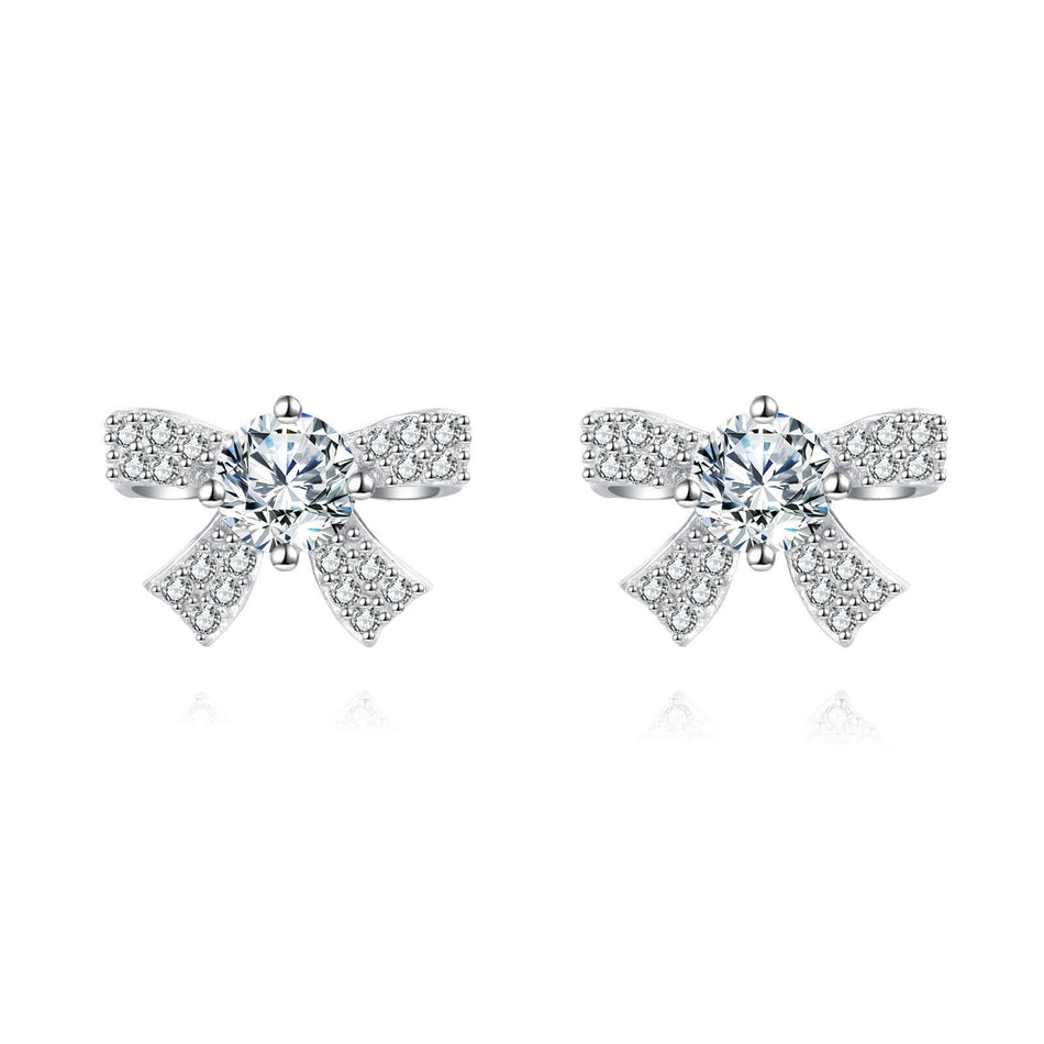 925 Sterling Silver Elegant Moissanite Bow Stud Earrings In Plated with White Gold Setting