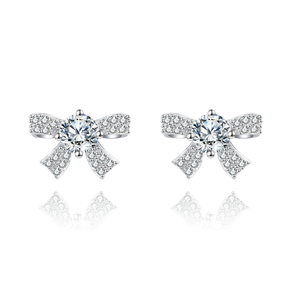 925 Sterling Silver Elegant Moissanite Bow Stud Earrings In Plated with White Gold Setting