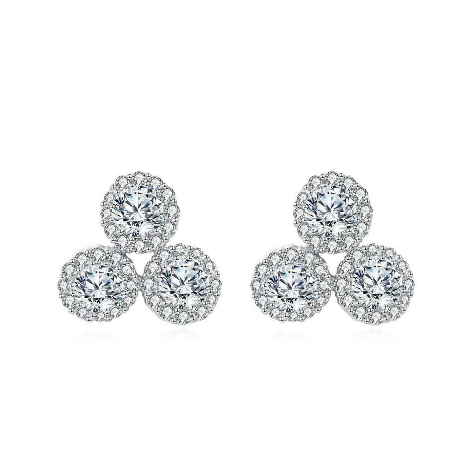 925 Sterling Silver **triple Moissanite Cluster Earrings In Plated with White Gold**