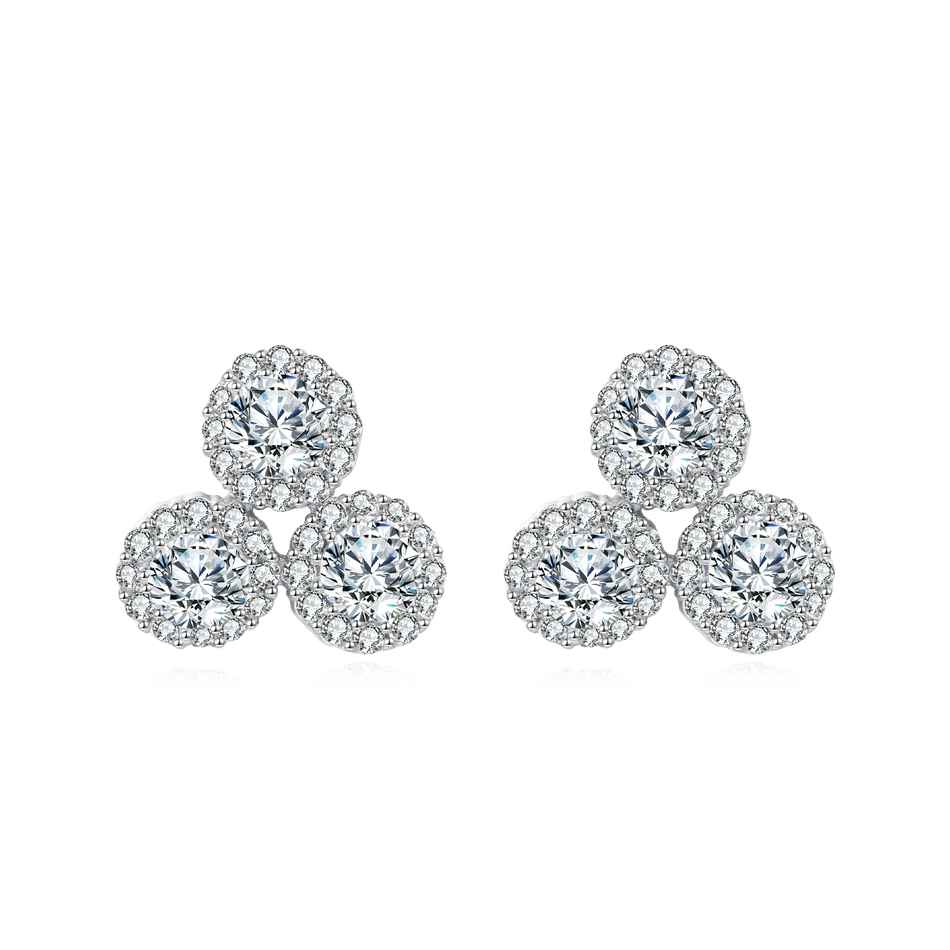 925 Sterling Silver **triple Moissanite Cluster Earrings In Plated with White Gold**