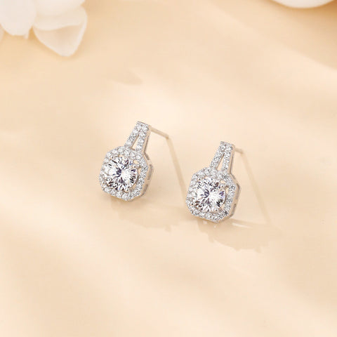 925 Sterling Silver Elegant Cushion-cut Moissanite Halo Earrings With Pav¨¦ Accents In Sterling Silver