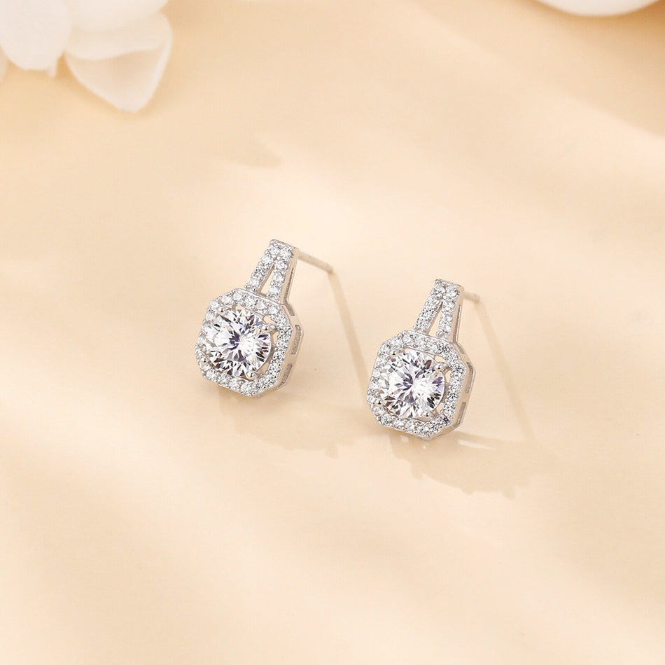 925 Sterling Silver Elegant Cushion-cut Moissanite Halo Earrings With Pav¨¦ Accents In Sterling Silver