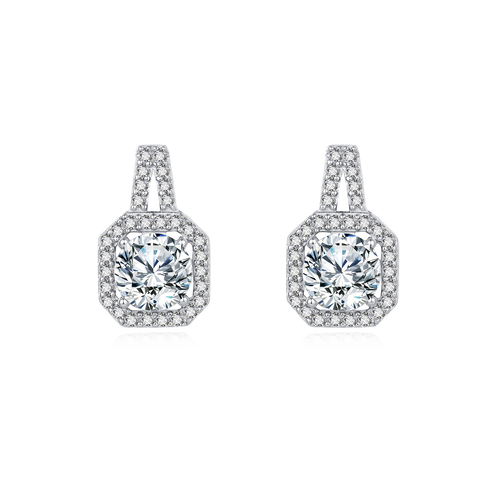 925 Sterling Silver Elegant Cushion-cut Moissanite Halo Earrings With Pav¨¦ Accents In Sterling Silver