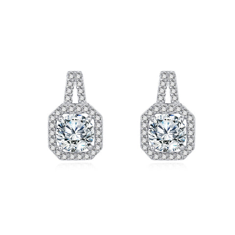 925 Sterling Silver Elegant Cushion-cut Moissanite Halo Earrings With Pav¨¦ Accents In Sterling Silver