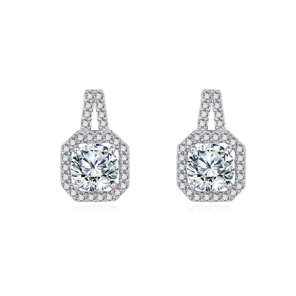 925 Sterling Silver Elegant Cushion-cut Moissanite Halo Earrings With Pav¨¦ Accents In Sterling Silver