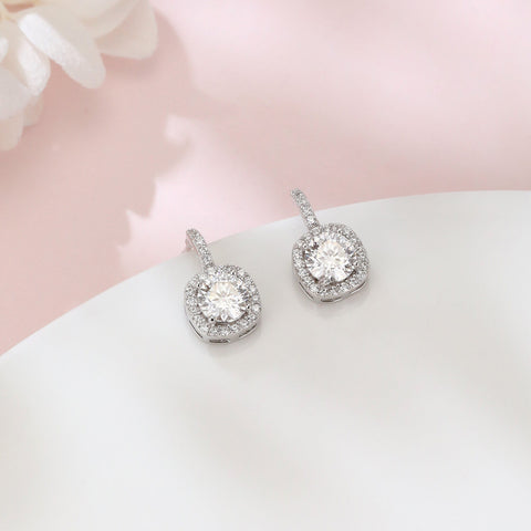 925 Sterling Silver Elegant Square Halo Moissanite Earrings With Round Center Stone