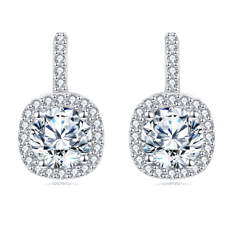 925 Sterling Silver Elegant Square Halo Moissanite Earrings With Round Center Stone