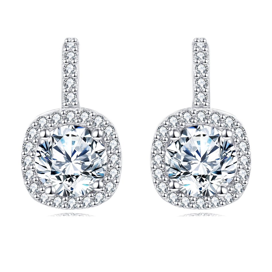 925 Sterling Silver Elegant Square Halo Moissanite Earrings With Round Center Stone