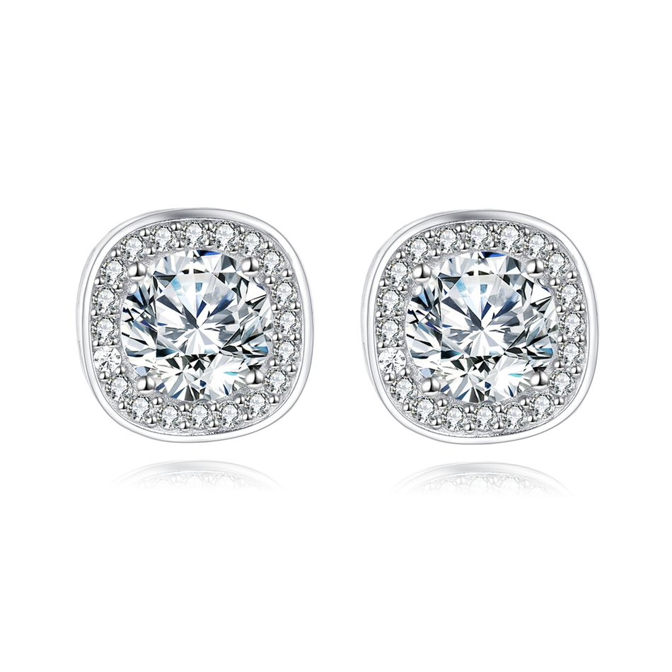 925 Sterling Silver Elegant Moissanite Halo Stud Earrings In Silver Setting