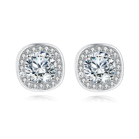 925 Sterling Silver Elegant Moissanite Halo Stud Earrings In Silver Setting