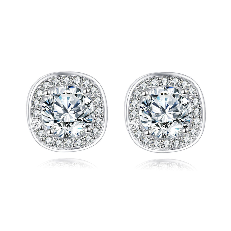 925 Sterling Silver Elegant Moissanite Halo Stud Earrings In Silver Setting