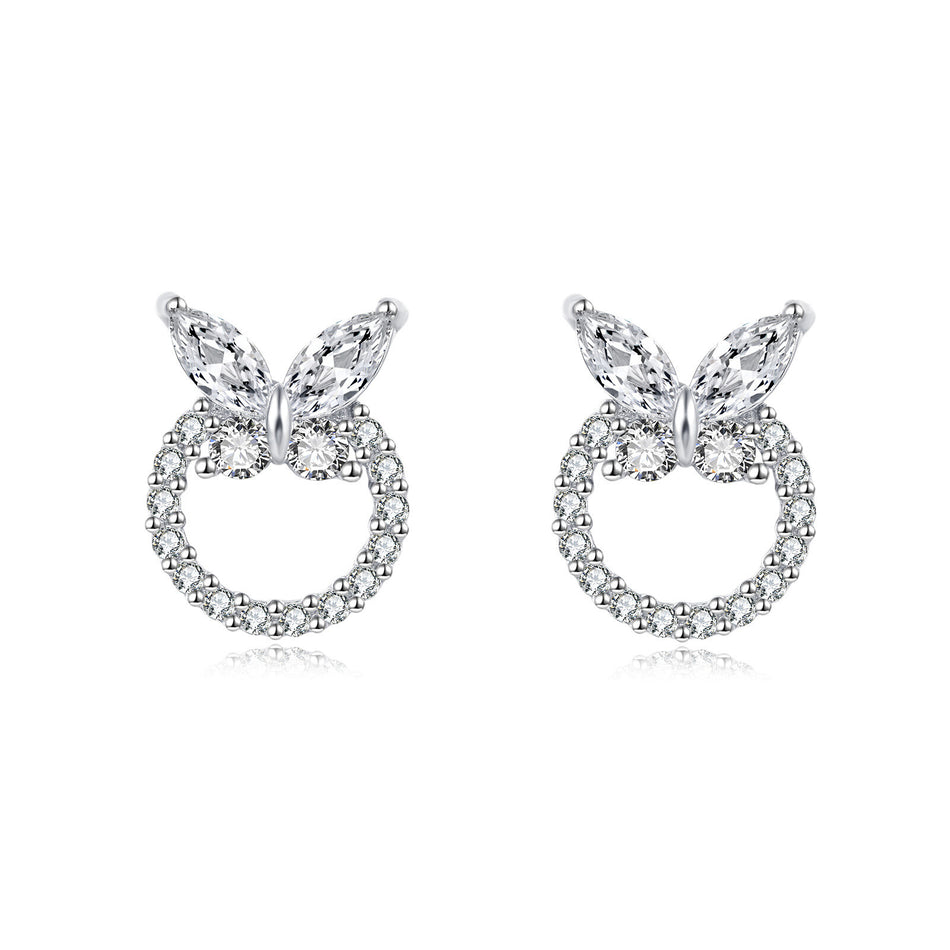 925 Sterling Silver Butterfly Zircon Heart Stud Earrings
