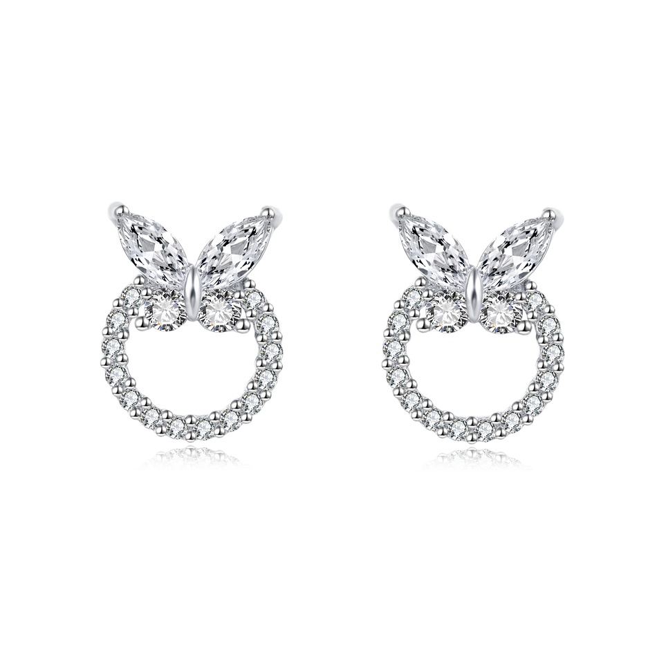 925 Sterling Silver Butterfly Zircon Heart Stud Earrings
