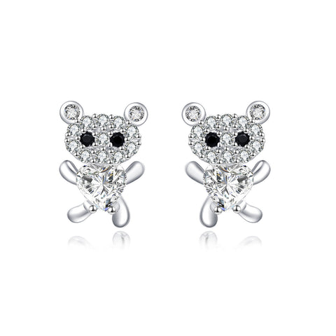 925 Sterling Silver **heart-shaped Zircon Earrings With Pav¨¦ Accents And Black Onyx Eyes**