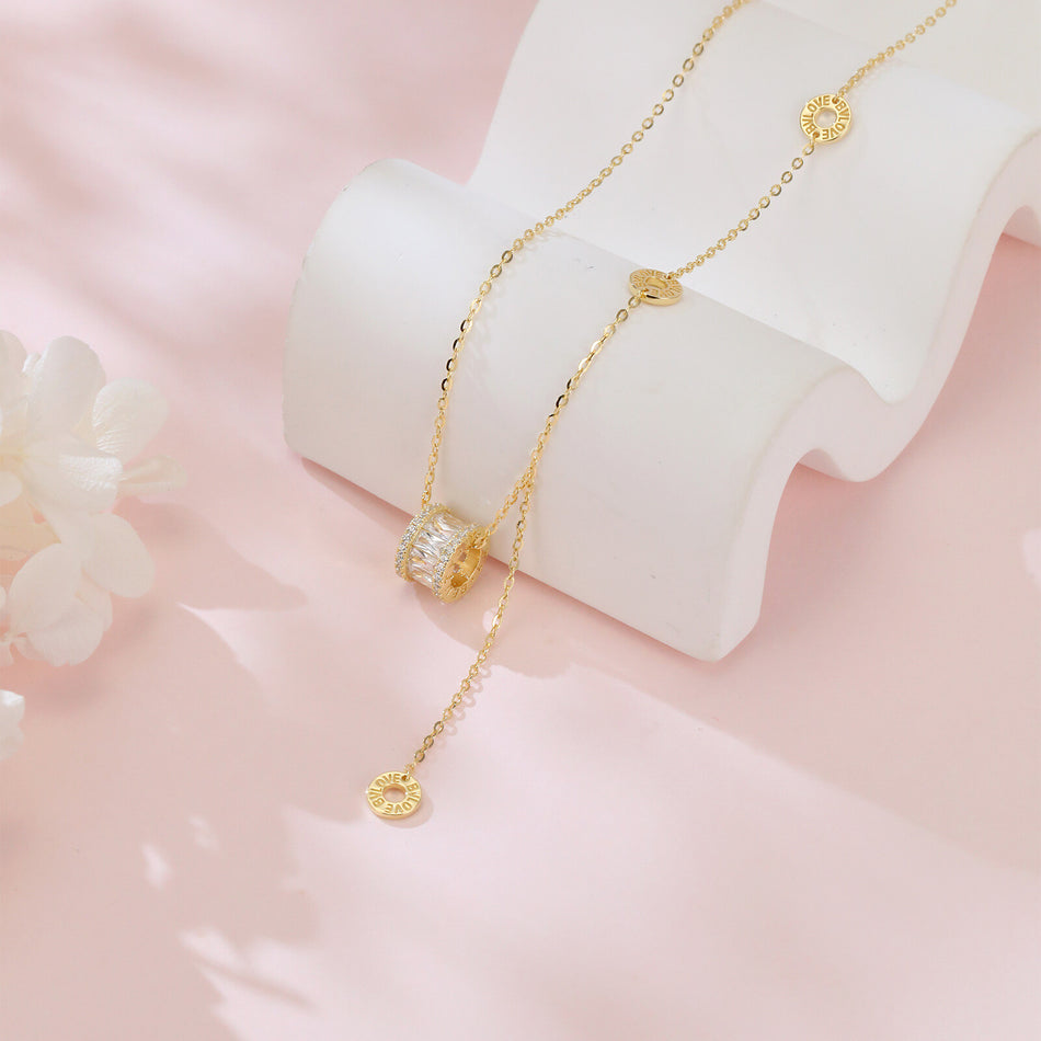 925 Sterling Silver Elegant Plated With Golden Necklace With Zircon Accent And Love Charms