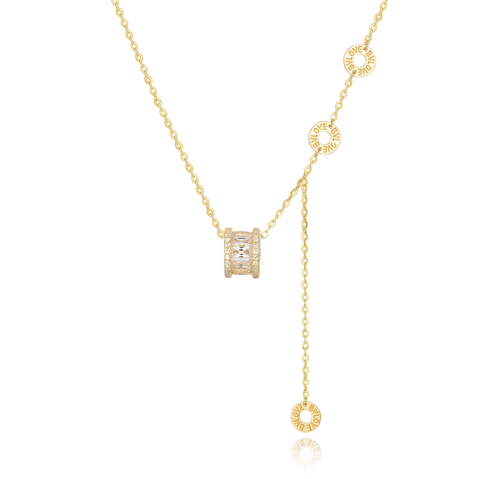 925 Sterling Silver Elegant Plated With Golden Necklace With Zircon Accent And Love Charms