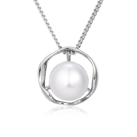 925 Sterling Silver Elegant Pearl Necklace With Silver Chain And Modern Circular Pendant Design