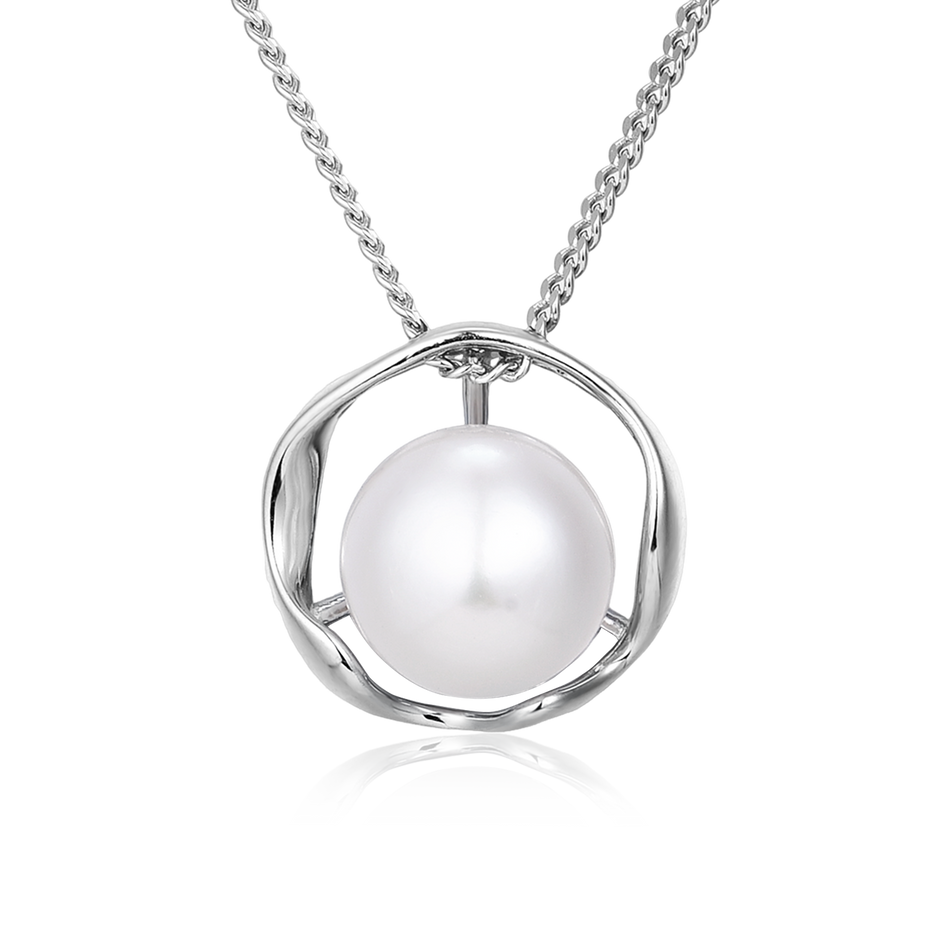 925 Sterling Silver Elegant Pearl Necklace With Silver Chain And Modern Circular Pendant Design