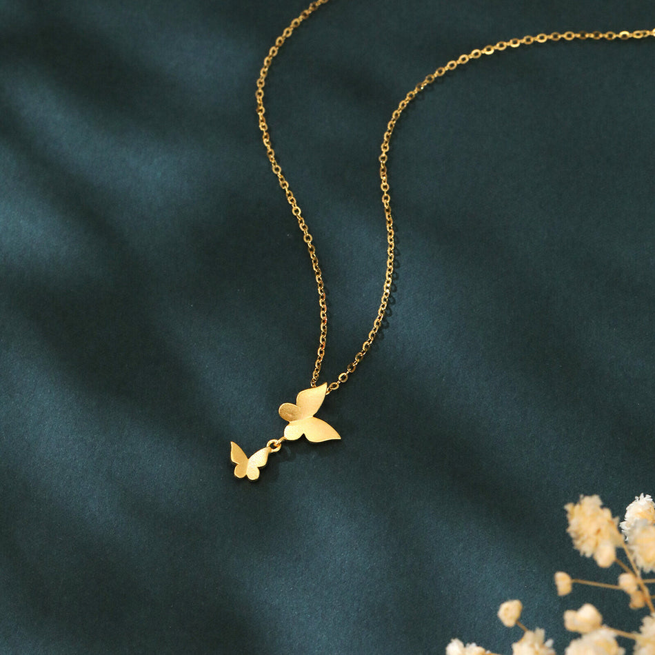 925 Sterling Silver Elegant Plated With Gold Butterfly Necklace With Double Charm Design