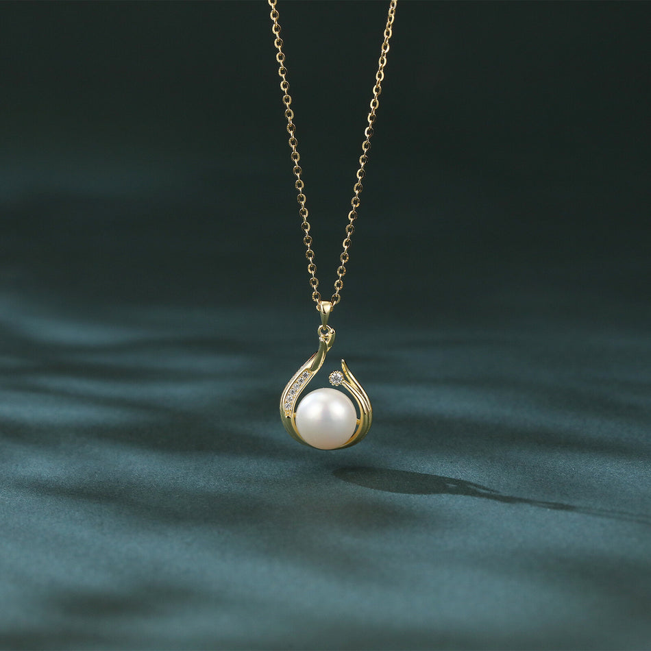 925 Sterling Silver Elegant Plated With Gold Pearl Necklace With Zircon Accents