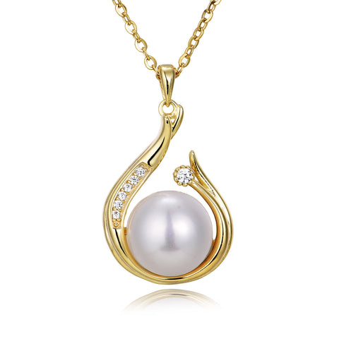 925 Sterling Silver Elegant Plated With Gold Pearl Necklace With Zircon Accents