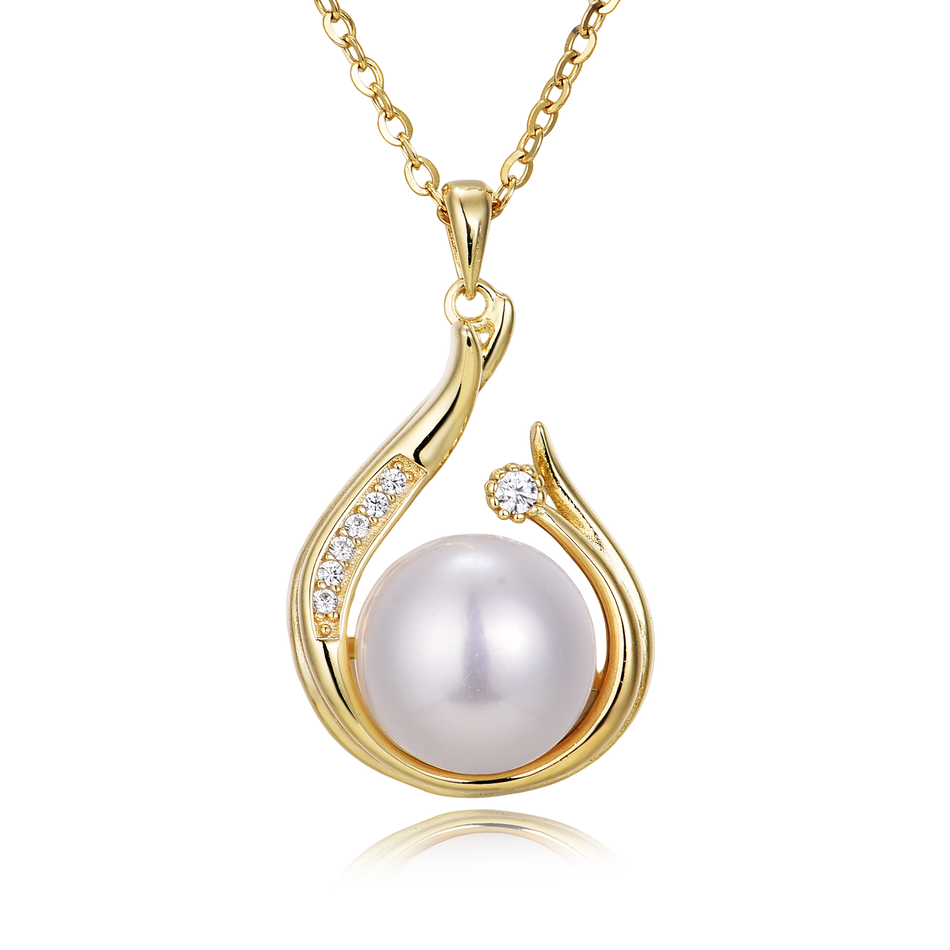 925 Sterling Silver Elegant Plated With Gold Pearl Necklace With Zircon Accents