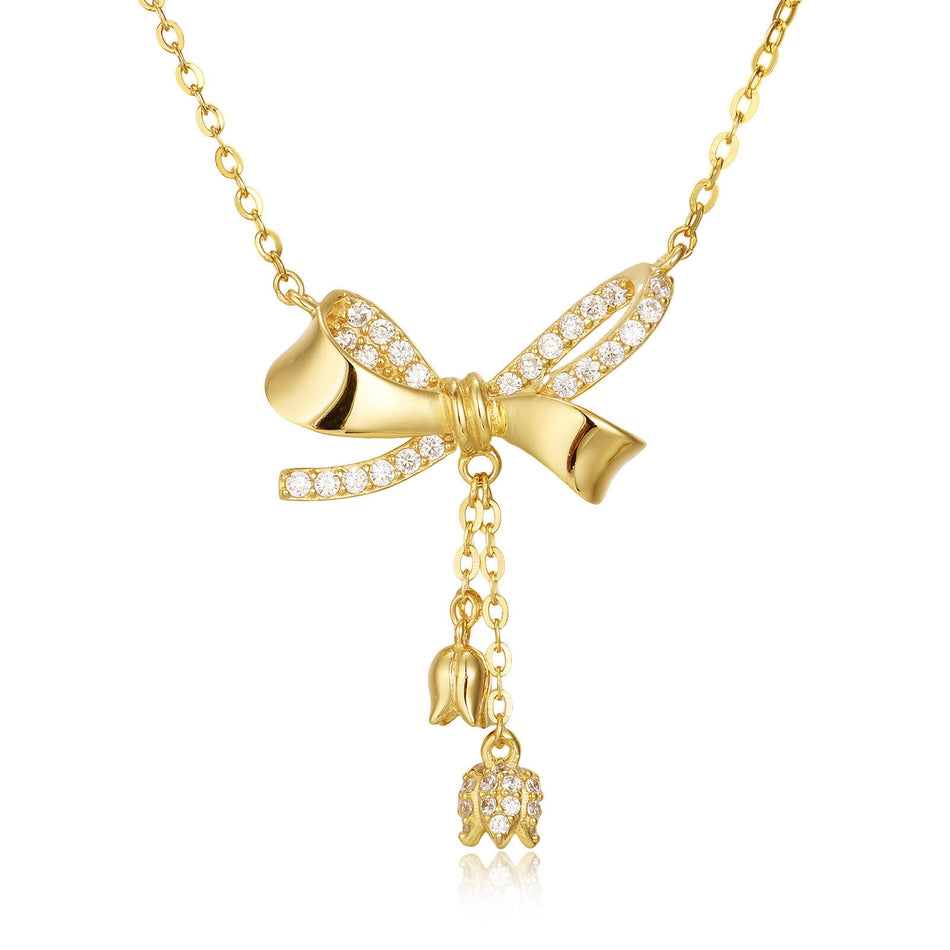 925 Sterling Silver Elegant Plated With Gold Bow Necklace With Zircon Accents
