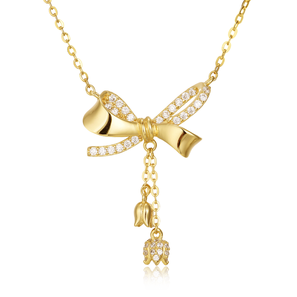 925 Sterling Silver Elegant Plated With Gold Bow Necklace With Zircon Accents