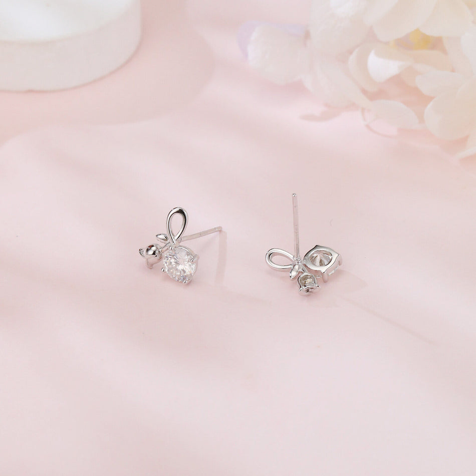 925 Sterling Silver Elegant Silver Rose Petal Earrings With Twisted Design And Sparkling Round Gems