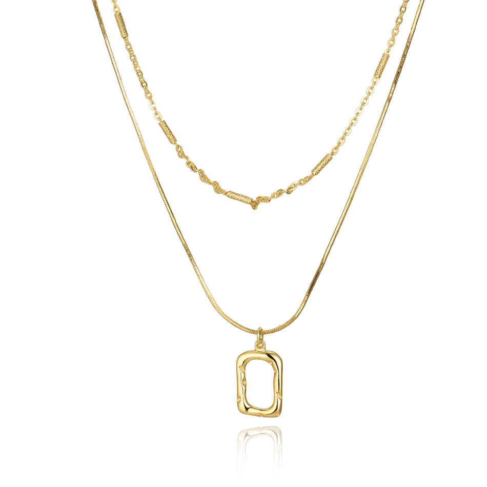 925 Sterling Silver Elegant Plated With Gold Necklace Set With Chain And Rectangular Pendant