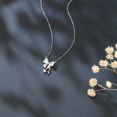 925 Sterling Silver Zircon Heart Bow Necklace With Starfish Charm – Elegant Coastal Luxury