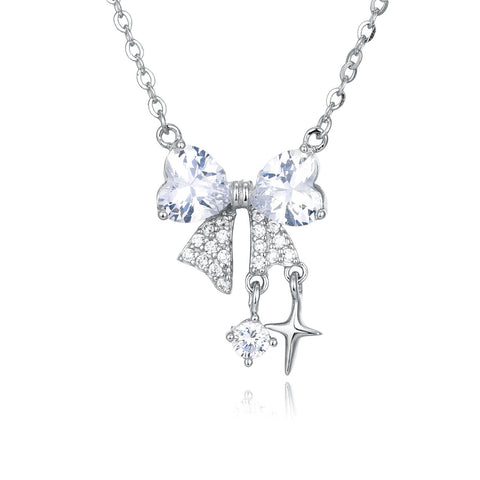 925 Sterling Silver Zircon Heart Bow Necklace With Starfish Charm – Elegant Coastal Luxury