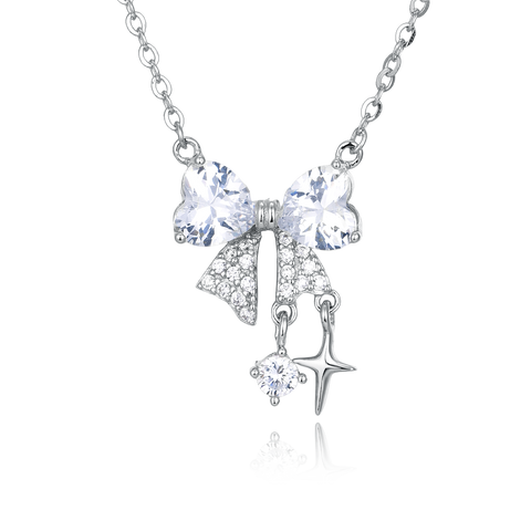 925 Sterling Silver Zircon Heart Bow Necklace With Starfish Charm – Elegant Coastal Luxury