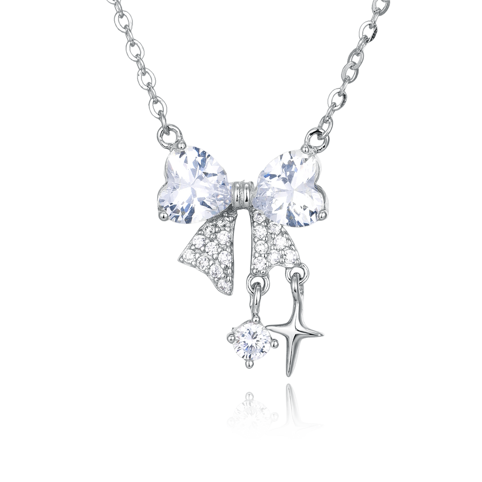 925 Sterling Silver Zircon Heart Bow Necklace With Starfish Charm – Elegant Coastal Luxury